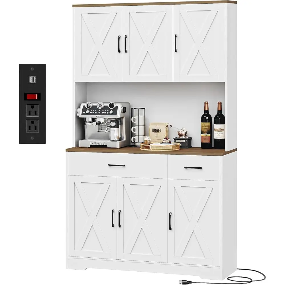 71 White Tall Kitchen Pantry Cabinet with Charging Station and Microwave Stand for Storage in Living or Dining Rooms