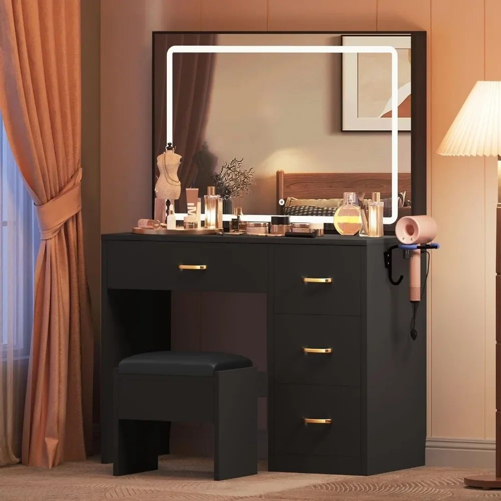 Makeup Vanity Table, Vanity Desk Set with Large Mirror and LED Lights, Brightness Adjustable, 4 Drawers with Cushioned Stool