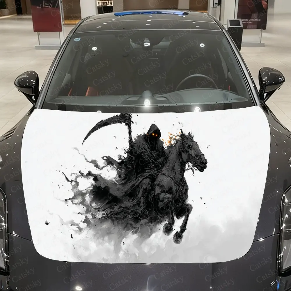 Ash-Smoke Galloping Horse Reaper Car Vinyl Wrap, PVC Waterproof Car Hood Sticker, Self-Adhesive Scratch-Resistant Stickers