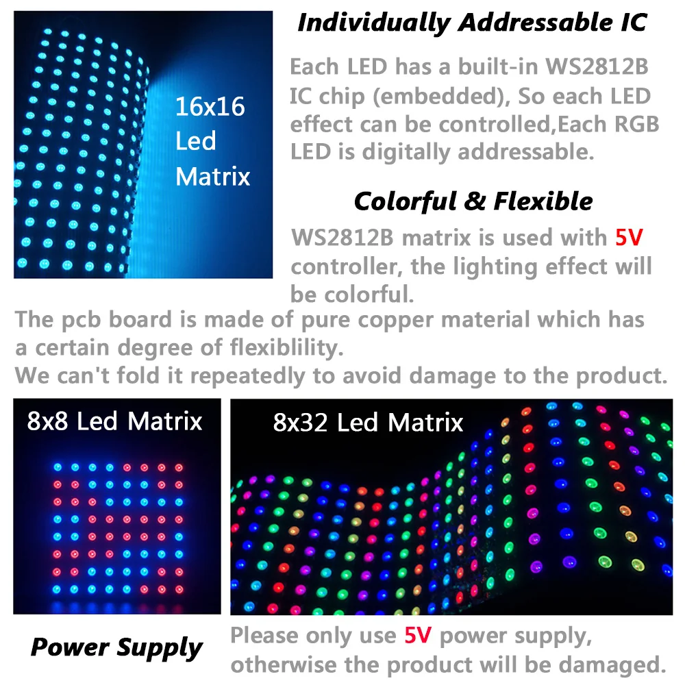 WS2812B 8X8 8x32 16x16 Matrix RGB LED Digital Flexible Individually Addressable Panel Screen WS2812 IC Led Strip Light DC5V