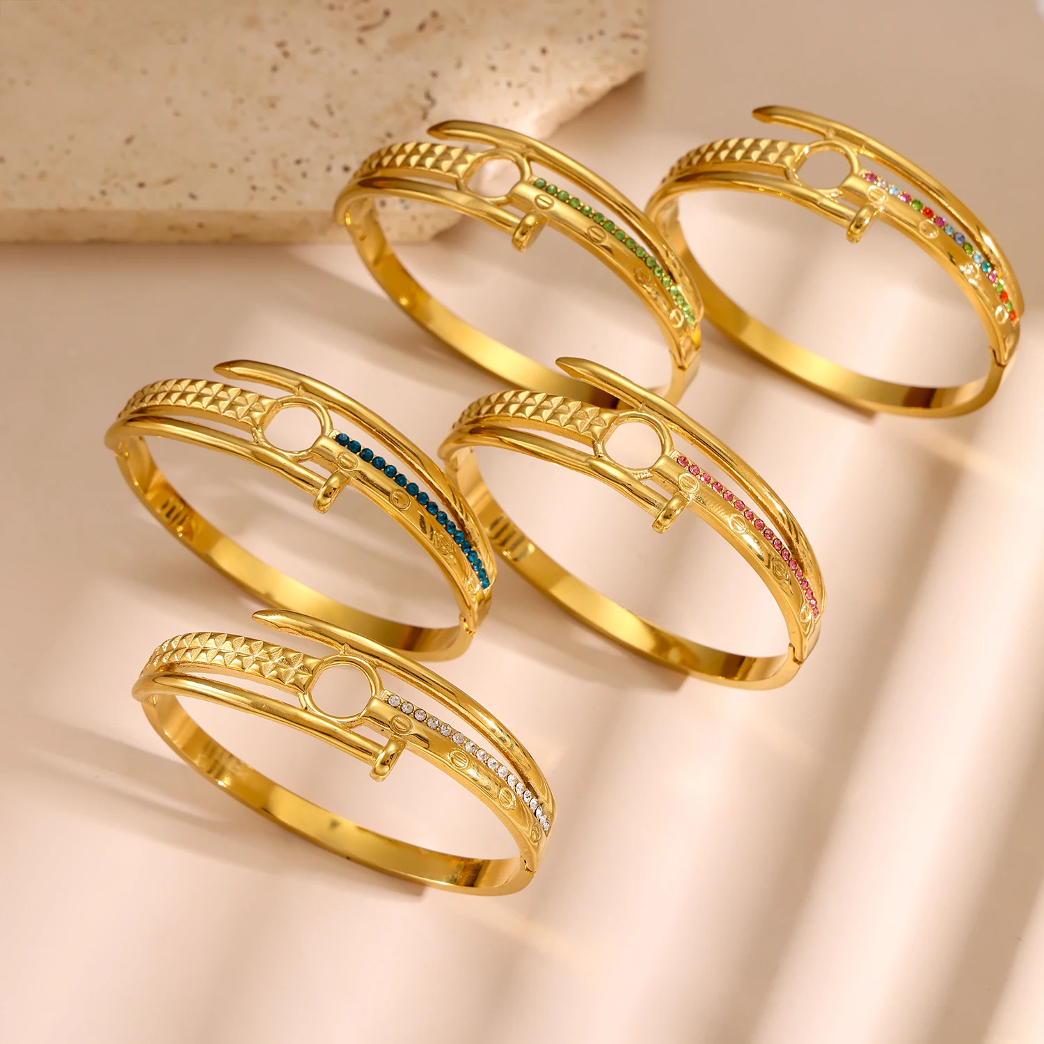 Stain-Resistant Stainless Steel Colored Zircon Bracelet Non-Color-Changing Nail Bnagles Fashion Gold Plated Bangle for Women