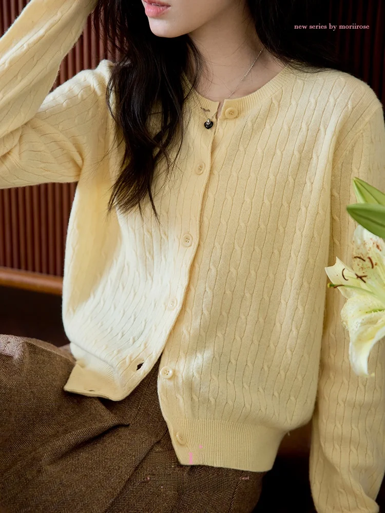 

Moriirose Women's Yellow Pink 34 Woolen Yarn Knitted Sweater Cardigan Soft Long Sve round Ne Pullover Vintage Lazy Sle