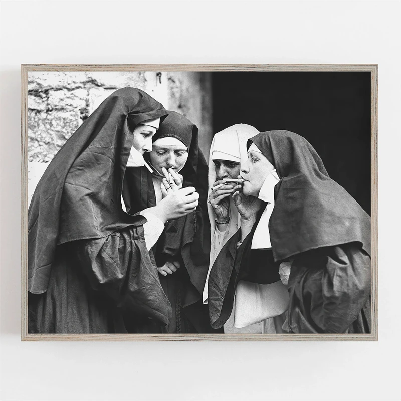 Black and White Prohibition Beer Keg Poster Nuns Smoking Print Canvas Painting Vintage Wall Art Picture for Home Decoration