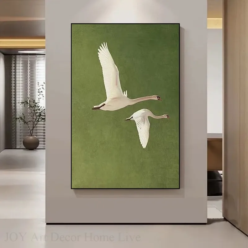 Two Flying Swans Realistic Feather Texture, Green Background Modern Wall Decor for Living Room, Office, Dining Area | Frameless