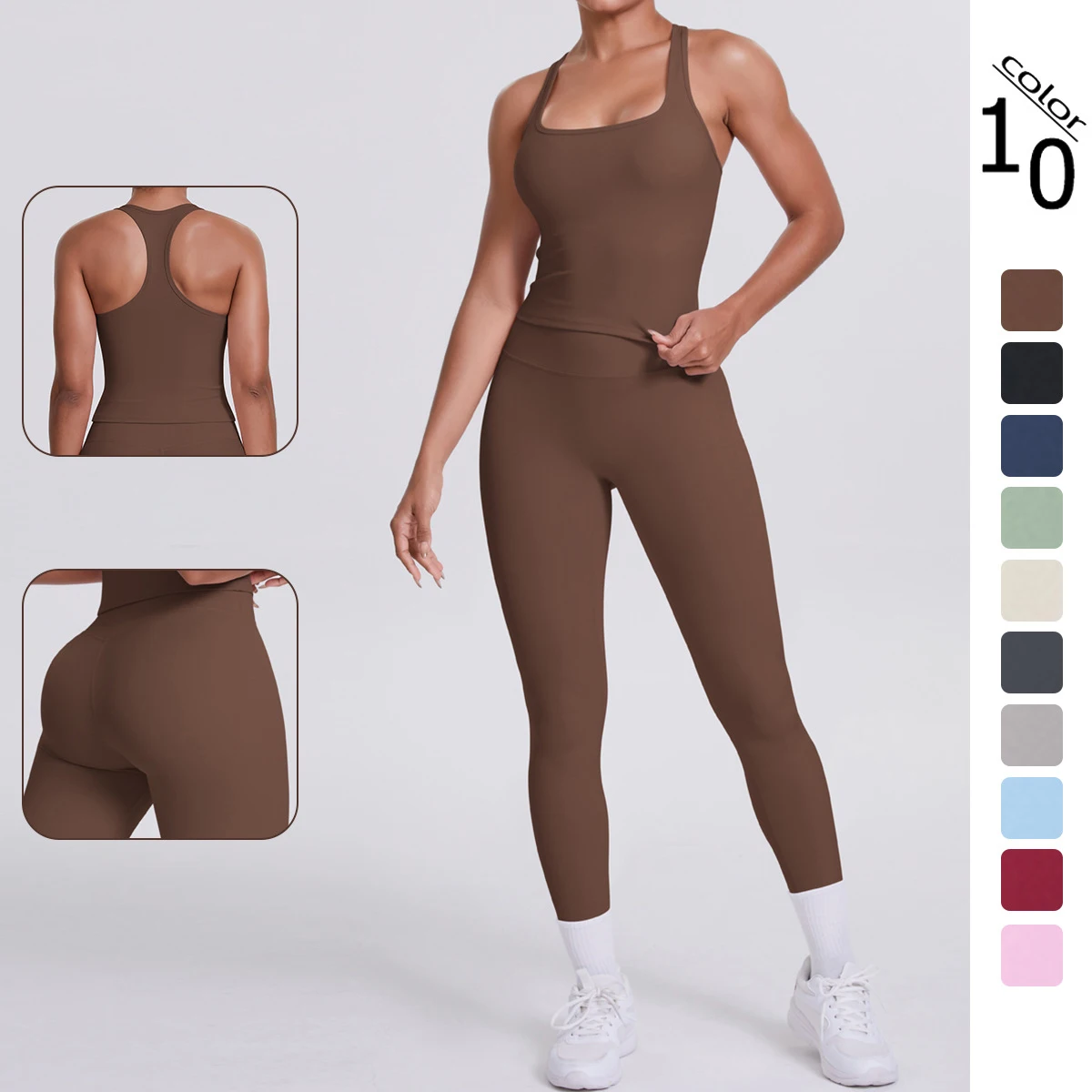 

Комплект для йоги Hamidou из 2 предметов: быстросохнущие леггинсы с эффектом пуш-ап и топ-майка с красивой спинкой I-образной формы, однотонный, для фитнеса и спортзала