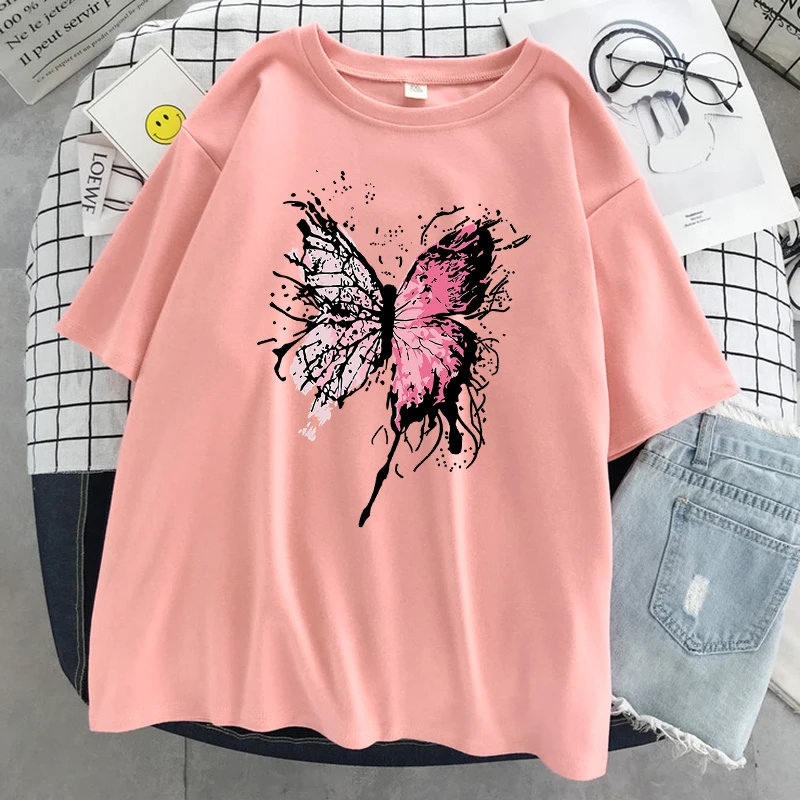 Pink Harajuku Butterfly T-Shirt Women Casual Breathable T Shirt Street Hip Hop Short Sleeve Cotton Cool Oversized Tshirt