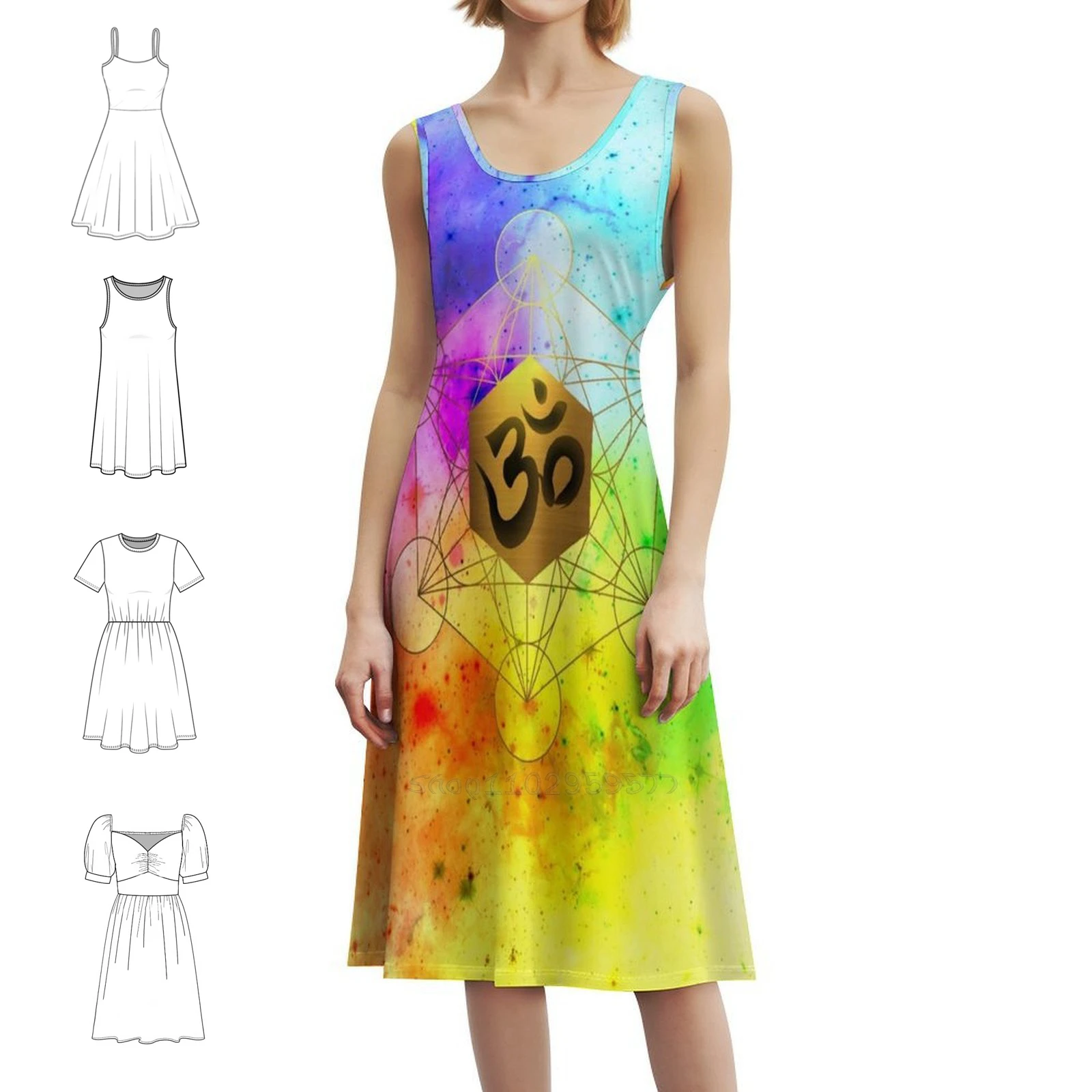 الهندسة المقدسة Metatron'S Cube Om Chant فستان سموك الأزهار للنساء الربيع الصيف فستان كاجوال للحزب الهندسة المقدسة Om