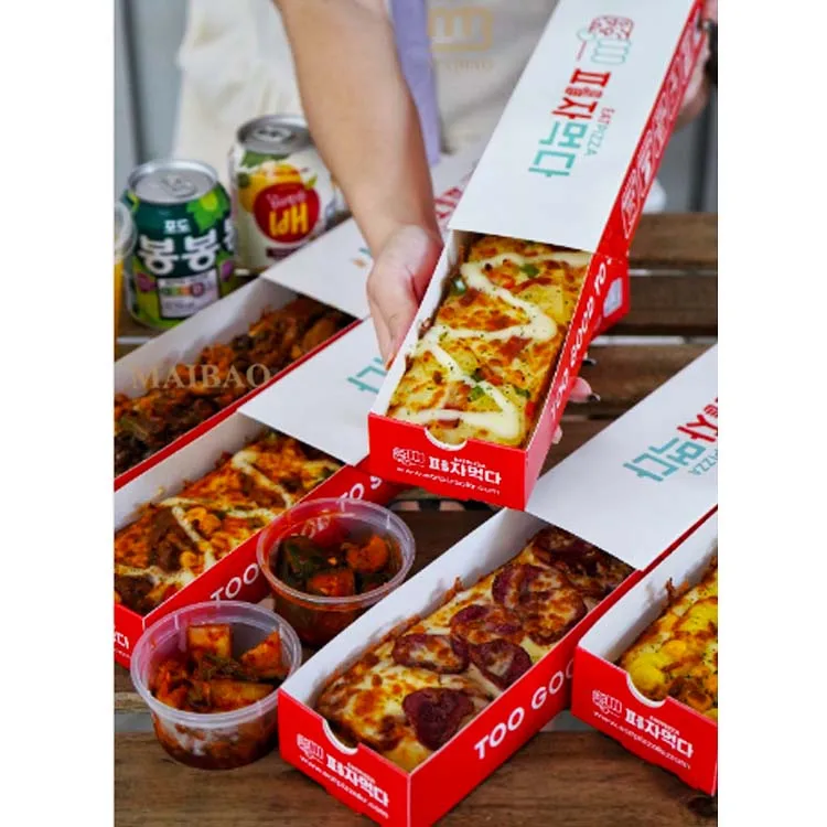 

Custom Logo Korean Long Pizza Box 25cm Slide Drawer Box Paper Pizza Slice Tray Single Paper Corn Dog Pizza Packaging Box Tray