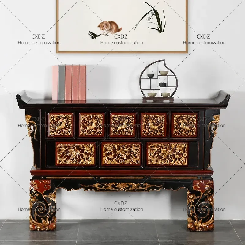 New Chinese Style Solid Wood Console Table Classical Carved Storage Desk with Warped Head Design for Porch Entryway Hallway