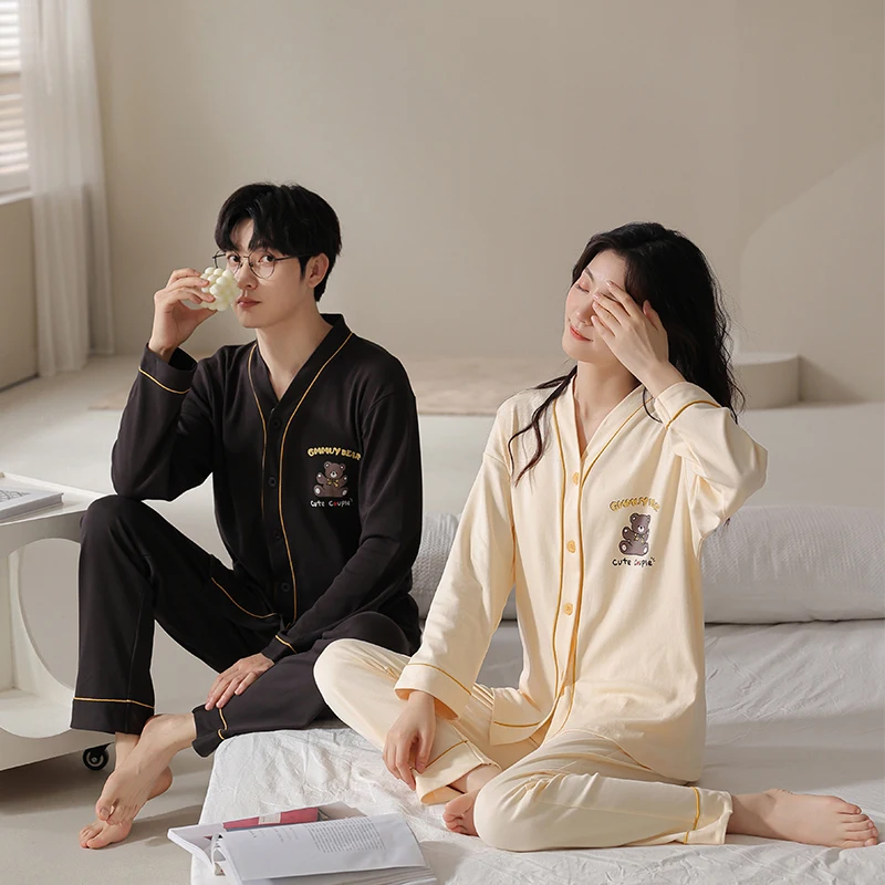 Couple style pajamas pure cotton spring and autumn V-neck cardigan button style simple and comfortable men's and women's pajamas