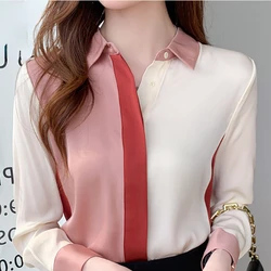 2023 New Color Matching Shirt Women Blouse Vintage Work Casual Tops Chiffon Blouse Long Sleeve Loose Women Business Shirt