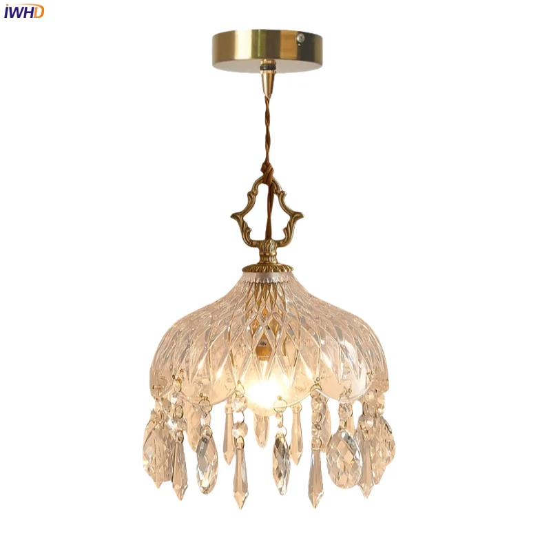

IWHD French Vintage LED Pendant Lights For Bedroom Dining Living Room Cafe Interior Copper Glass Crystal Hanging Lamp Luminaire