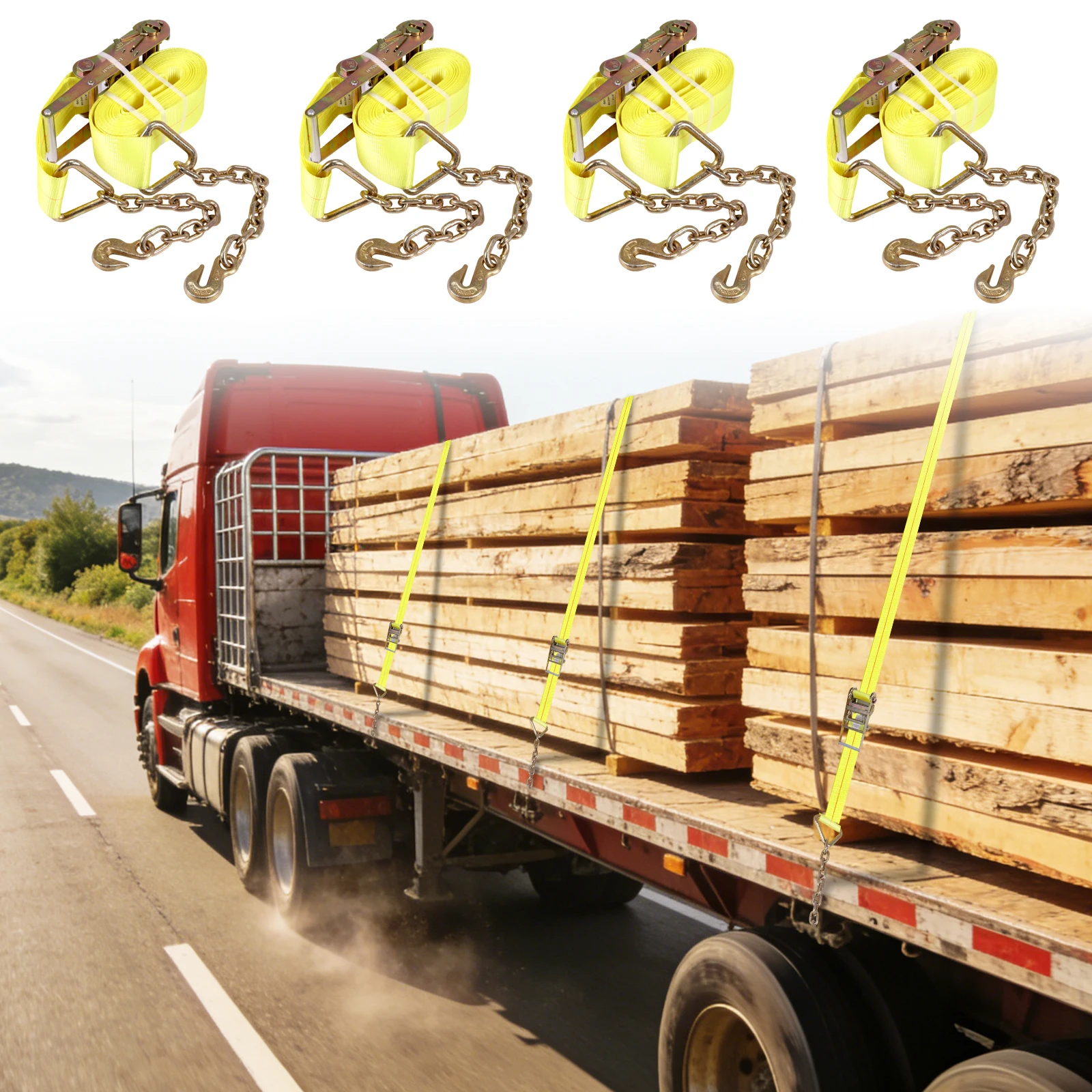 

4Pcs Heavy Duty Ratchet Straps 4in X 40ft with Chains Anchor Grab Hooks 6600LBS Working Load for Tires Motorcycles Trailers