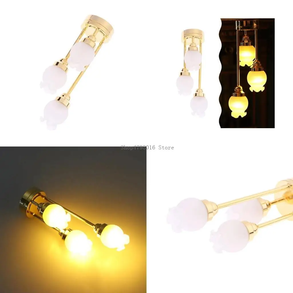 

Elegant Gold Base Flower Ceiling Lamp Miniature Dollhouses Chandelier LED Lamp 1/12 Scale for Living Room Bedroom Scene