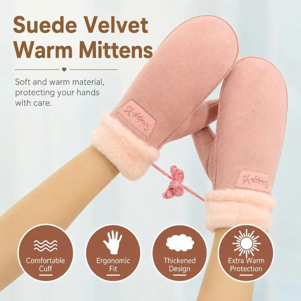 1 Pair Gifts Faux Suede Warm Mittens Cuffs Neck Strap Winter Gloves Soft Texture Warm Adult Mittens Women's Winter Wear