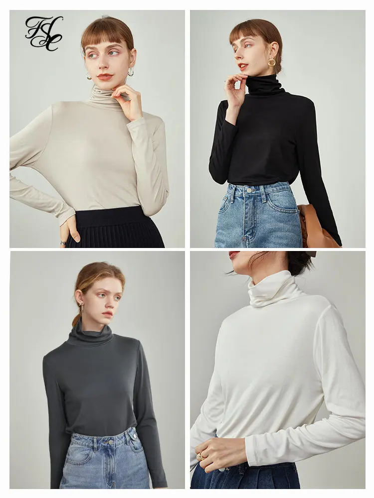 

FSLE Women Pile Collar Solid Bottoming Shirt White Office Temperament Undershirt Women Winter Commuter Sweater Pullovers