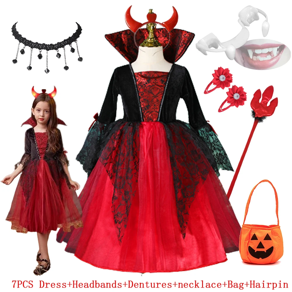 Vampire Cosplay Costume para crianças, Princesa vestidos para meninas, Vampiros Tooth Costumes, Halloween Costume para meninas, Conde Vampiran