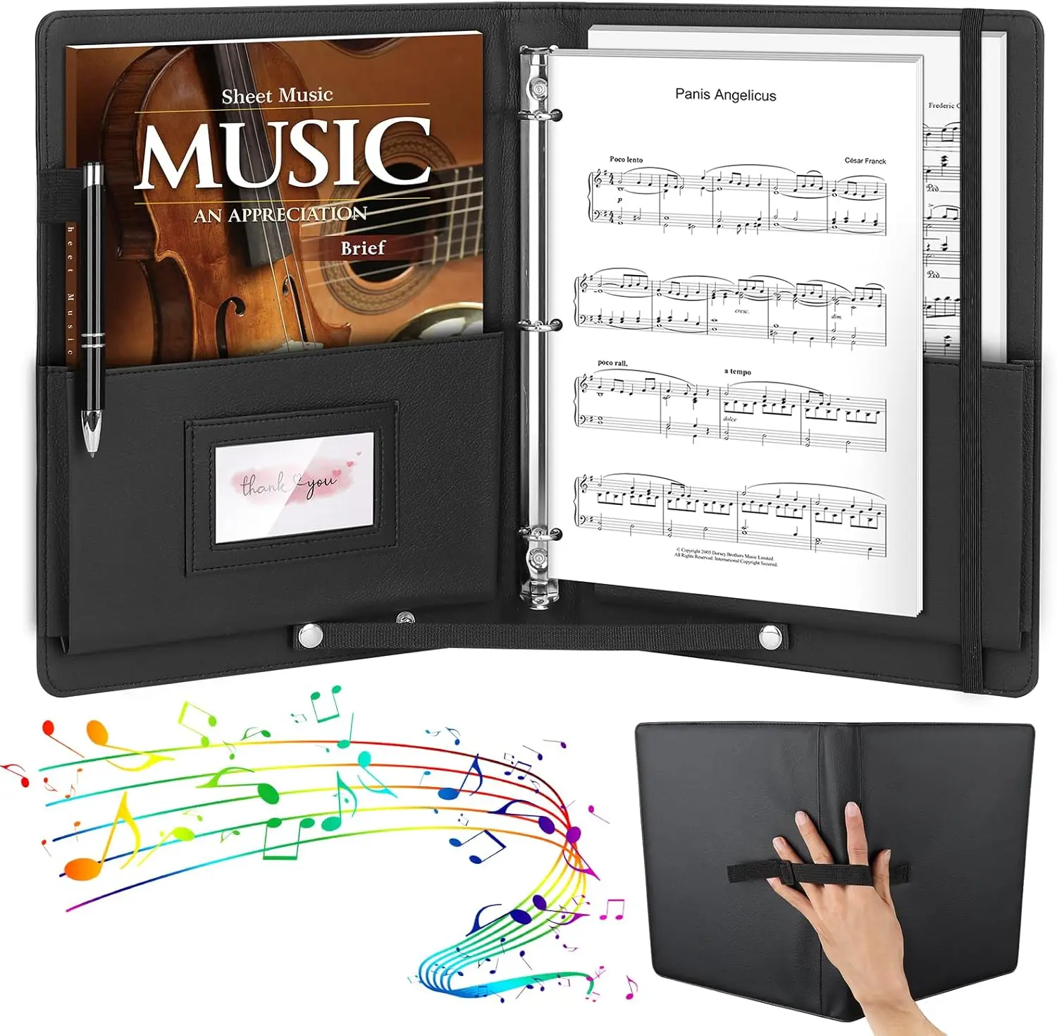 

3 Ring Choral Music Folder, 13x10.2 Inch PU Leather Binder with Elastic Band and Handle for Letter Size Sheets