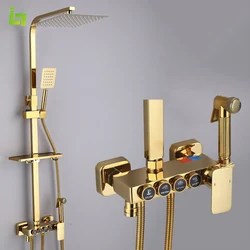 Luxury Gold Bathroom All Metal Shower Faucet Set  With Bidet Spray and Shelf Cold and Hot 4 Function Mixer