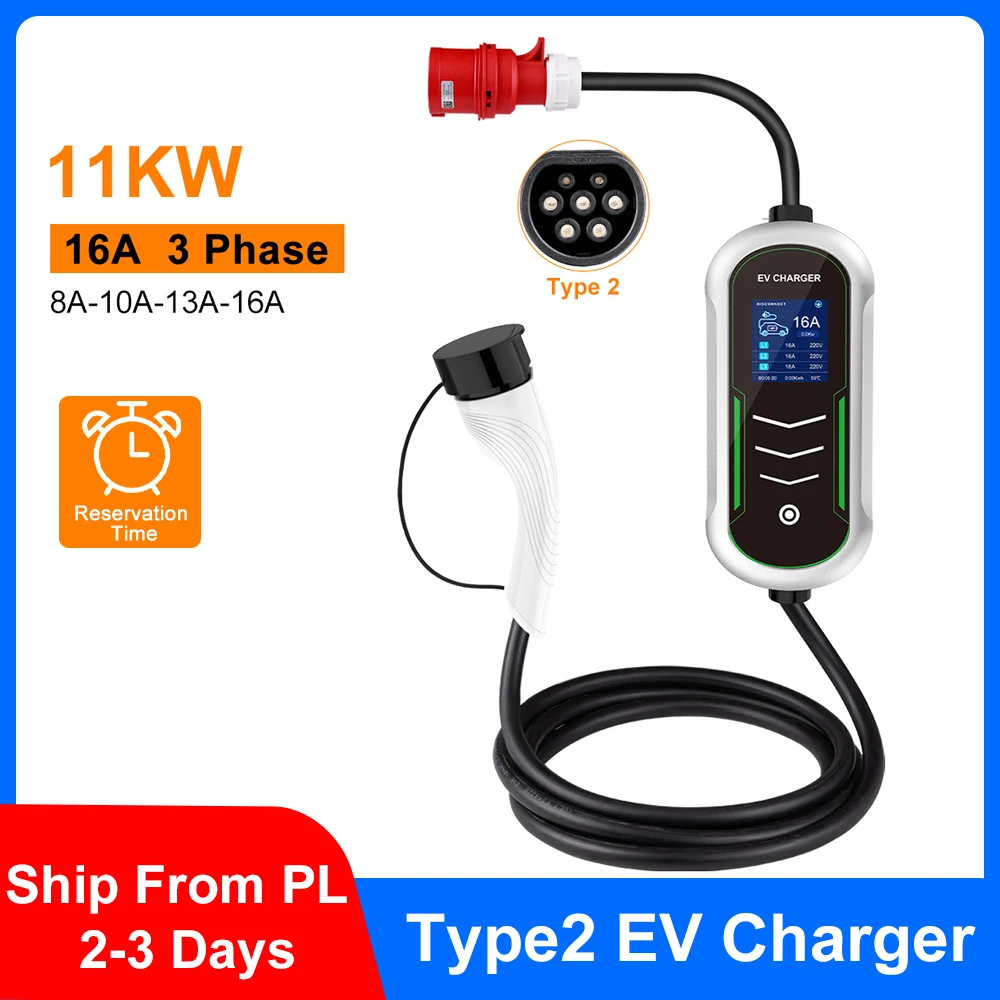

Зарядное устройство для электромобилей 16A Type2, 11 кВт, разъем IEC 62196, кабель 5 м, регулируемый ток EVSE, настенный ящик, аксессуары для зарядки электромобилей
