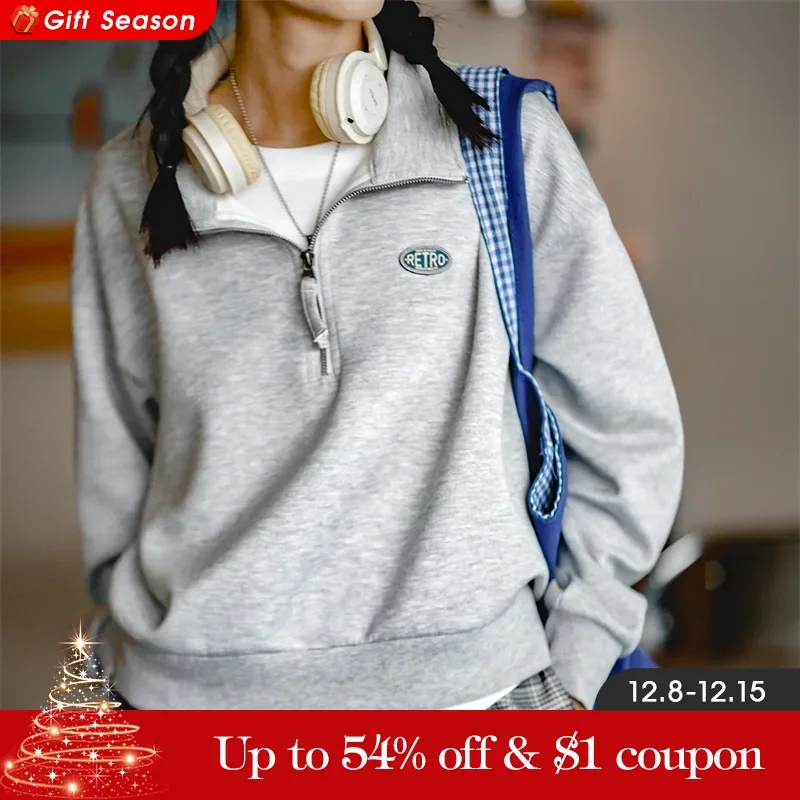 Maden Sudadera vintage de media cremallera sin capucha para mujer suéter casual gris claro chaqueta de manga larga de otoño estilo holgado unisex