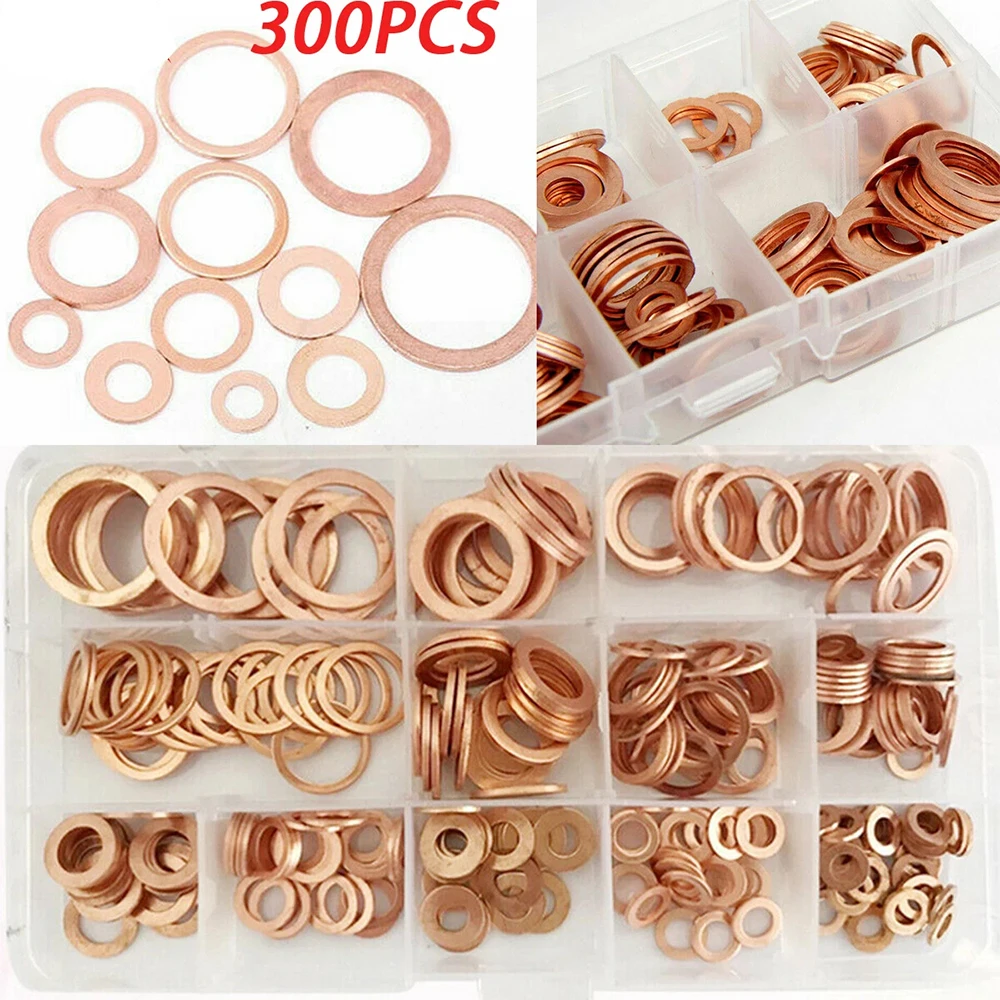 300PCS Copper Washer Gasket Nut and Bolt Set Sealing Solid Gasket Washer Flat Ring Seal Assortment Kit For Sump Plugs