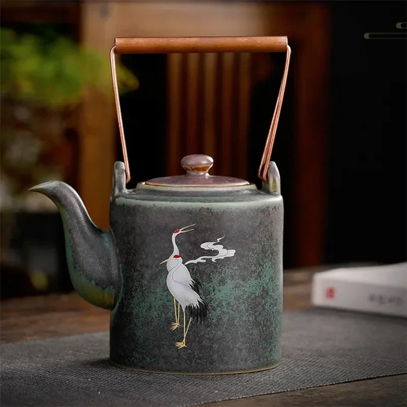Japanese Coarse Pottery Tea Pot Retro Teapot Ceramic Kung Fu Kettle Kiln Change Cup Hand Painted Crane Teacups Drinkware