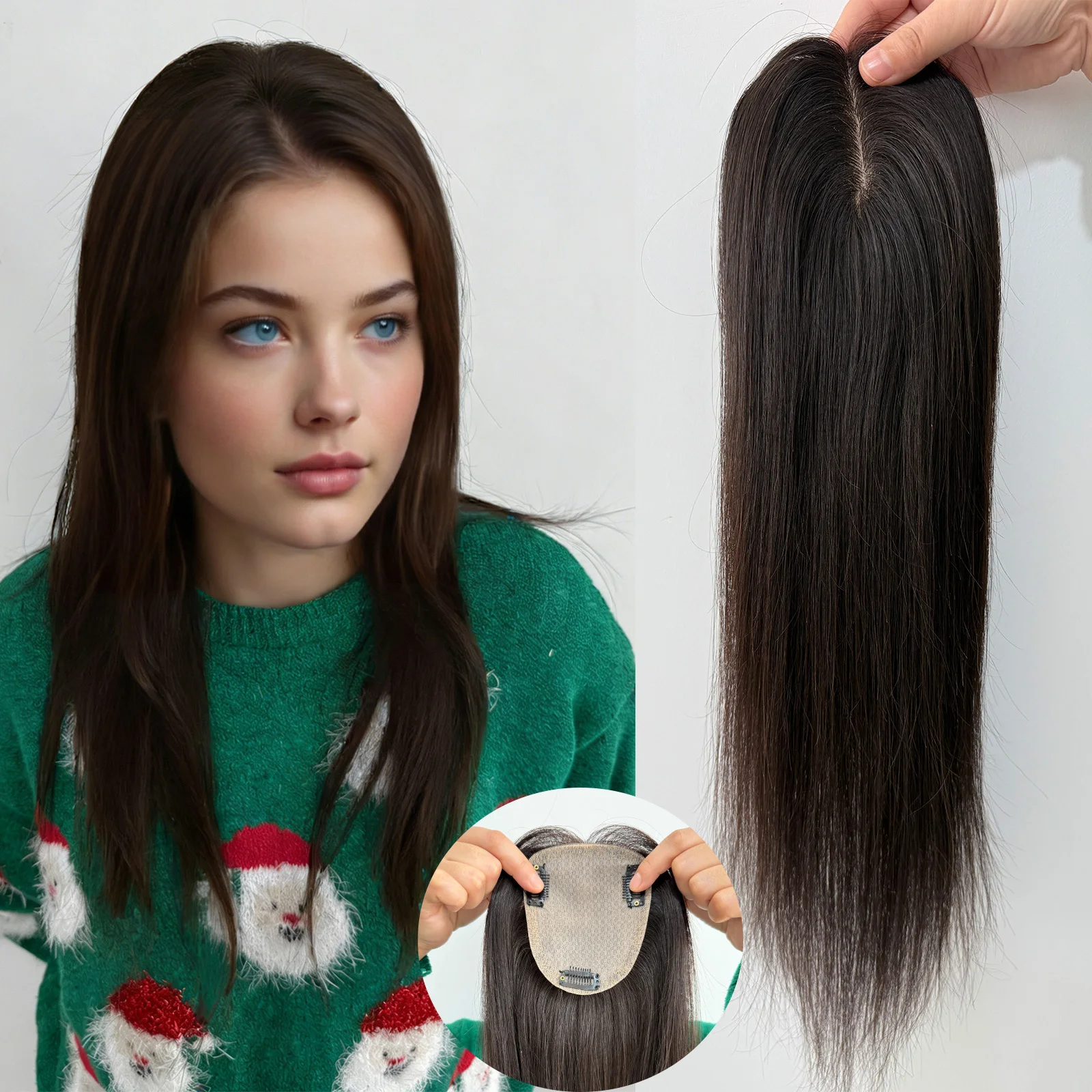 

# 1b Шелковая основа, прямые настоящие человеческие волосы, топпер, европейские девственные волосы, мягкий шиньон, натуральный вид кожи головы, волосы с зажимом для женщин