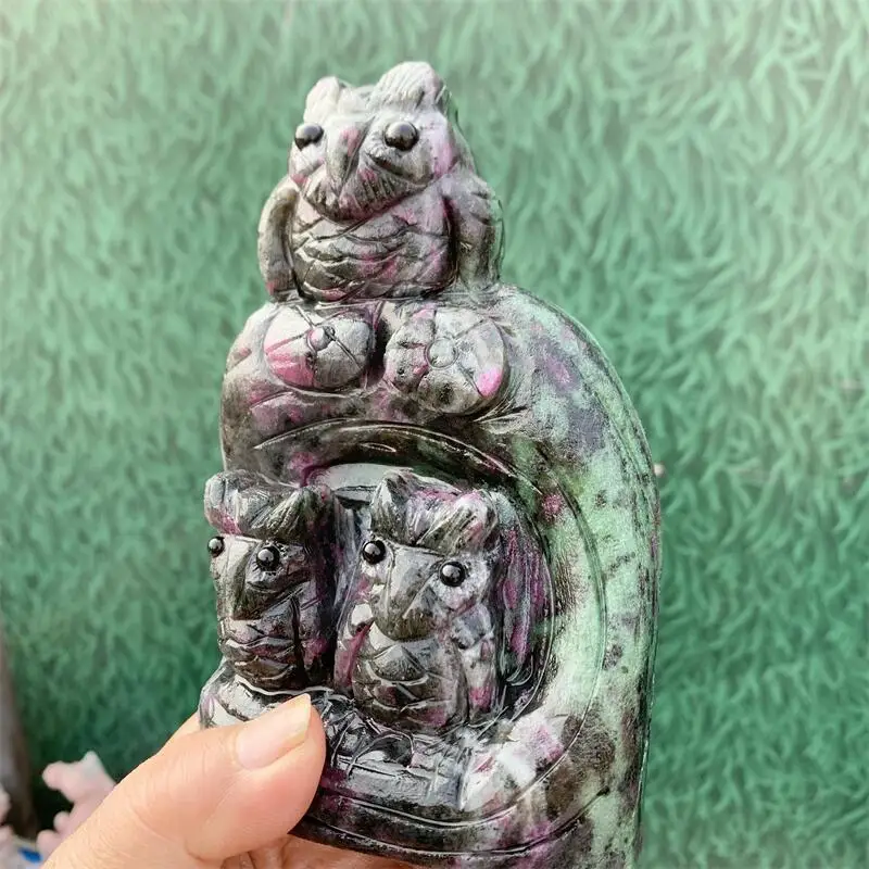 Natural Ruby In Zoisite Owl Carving Healing Figurine Reiki Gemstone Crafts Home Decoration Holiday Gift 1pcs