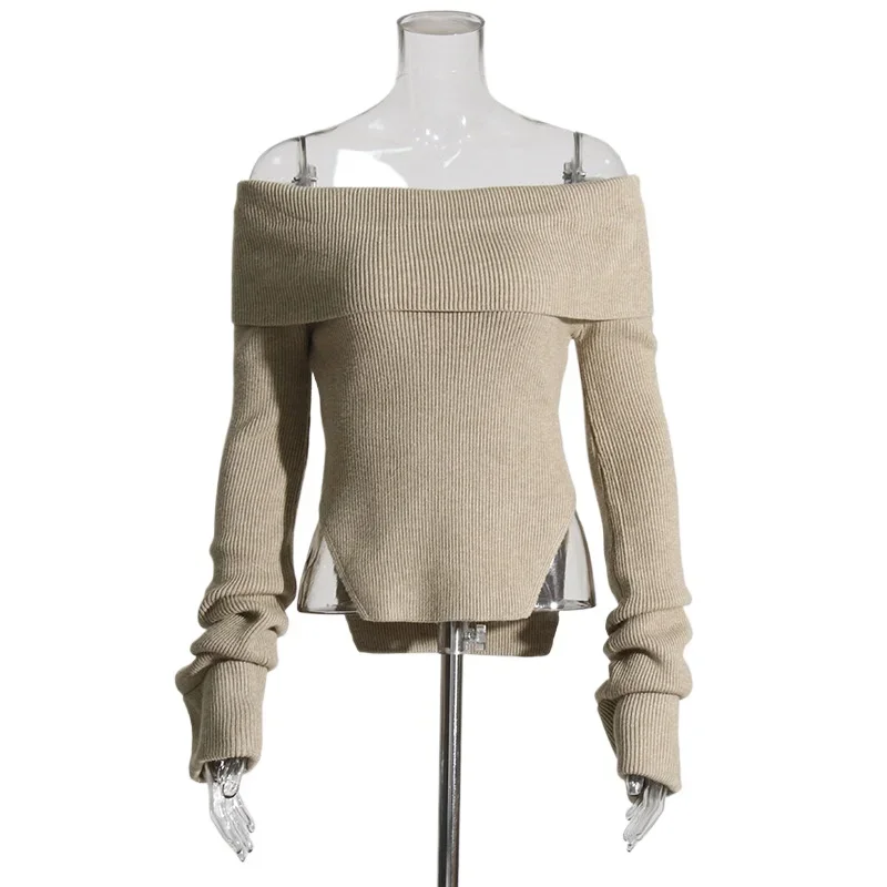 Ladies Ladies with All The Sweaters Spring New Chest Micro Design Side Waist Slit Long Sleeve One Line Collar Pullover Sweater