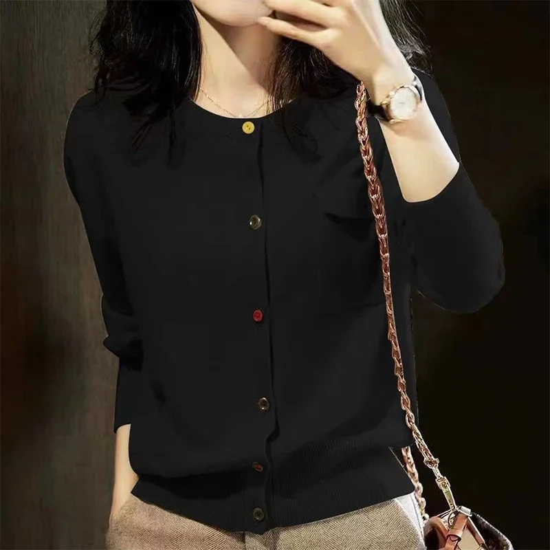 Slim Button Casual Knitted Cardigan All-match Top Female Clothing Autumn Winter Elegant Fashion Sweet Chic Solid Sweater