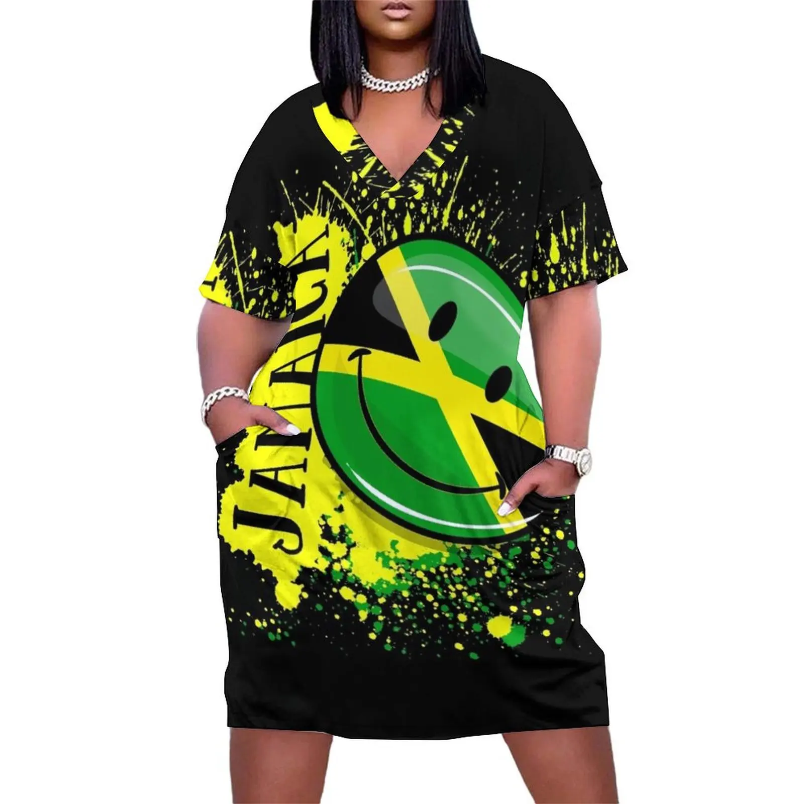 A Splash of Jamaica Smiling Jamaican Flag Loose Pocket Dress Dress woman wedding dresses for parties