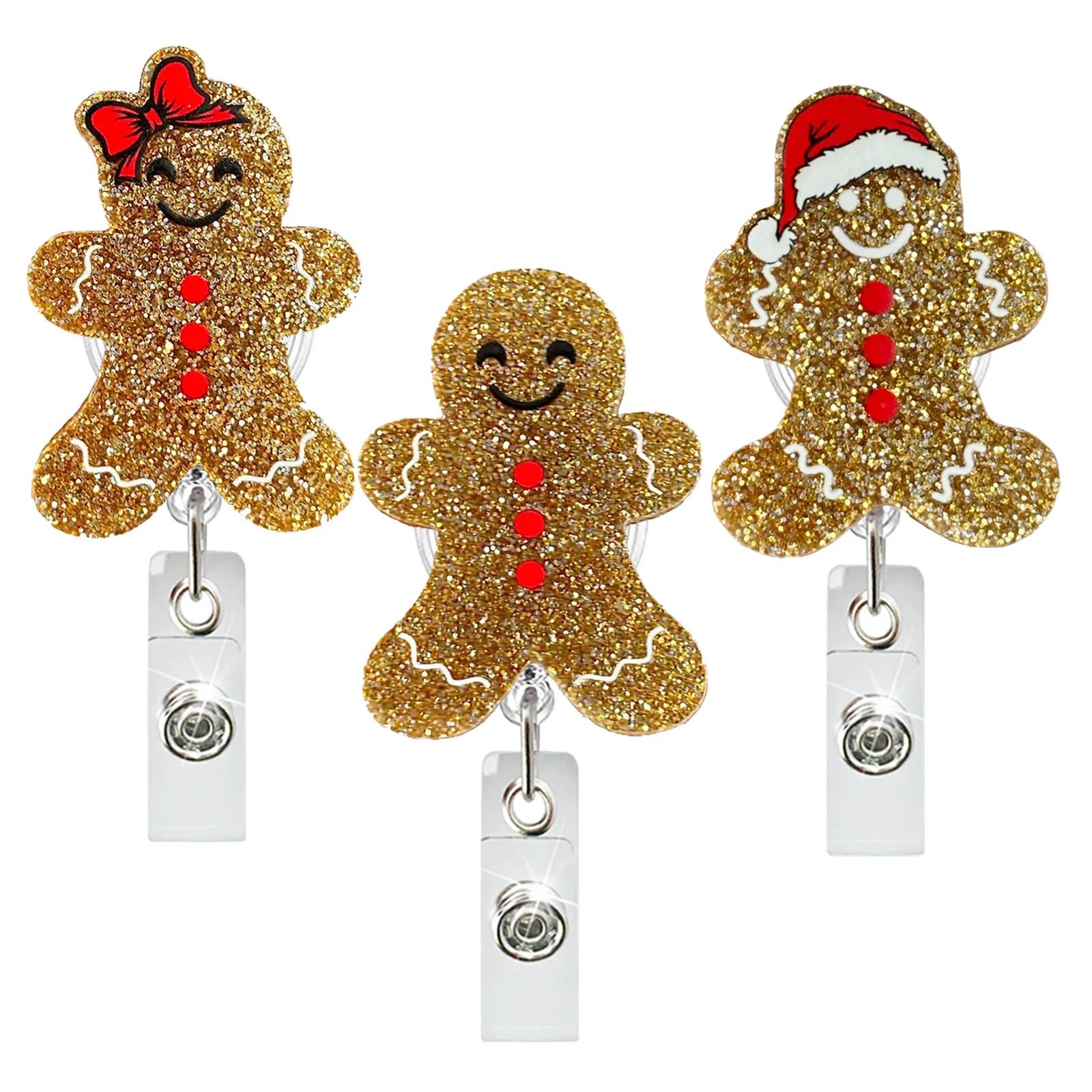 Acrylic Glitter Gingerbread Man Rotating Badge Holder Retractable Badge Reel Christmas Gift for Office Doctor Nurse