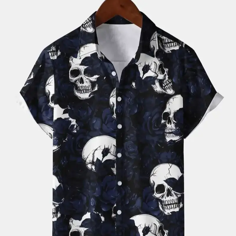 Popular men\'s new product in Europe and America, skull printed short sleeved shirt, button up casual Hawaiian summer shirt