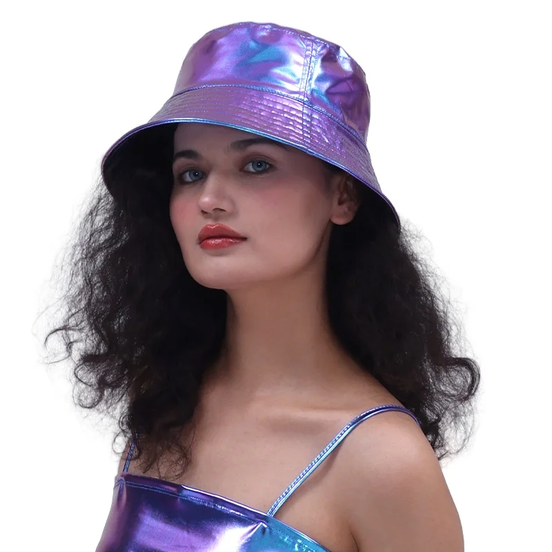 Women Shiny PU Leather Waterproof Panama Cap Holographic Hip-hop Bucket Hat Street Party Dance Disco Chic Hat Trendy Vintage