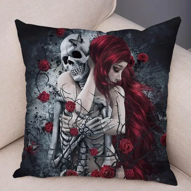 Motorcycle Skull and Sexy Girl Cushion Cover Sofa Home Dead Soul Pillowcase Decoration Polyester Cartoon - view 2