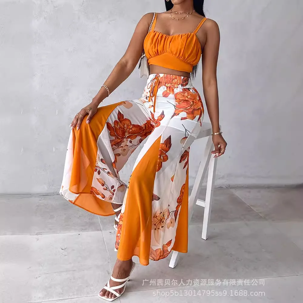 

Однотонный плиссированный жилет на бретельках с цветочным принтом, широкие брюки, комплекты из 2 предметов для женщин