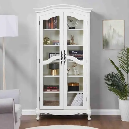 Farmhouse Arched Display Cabinet Bookcase Bookshelf with Glass Doors and Adjustable Shelves, 72" Tall 6 Tiers French view 2