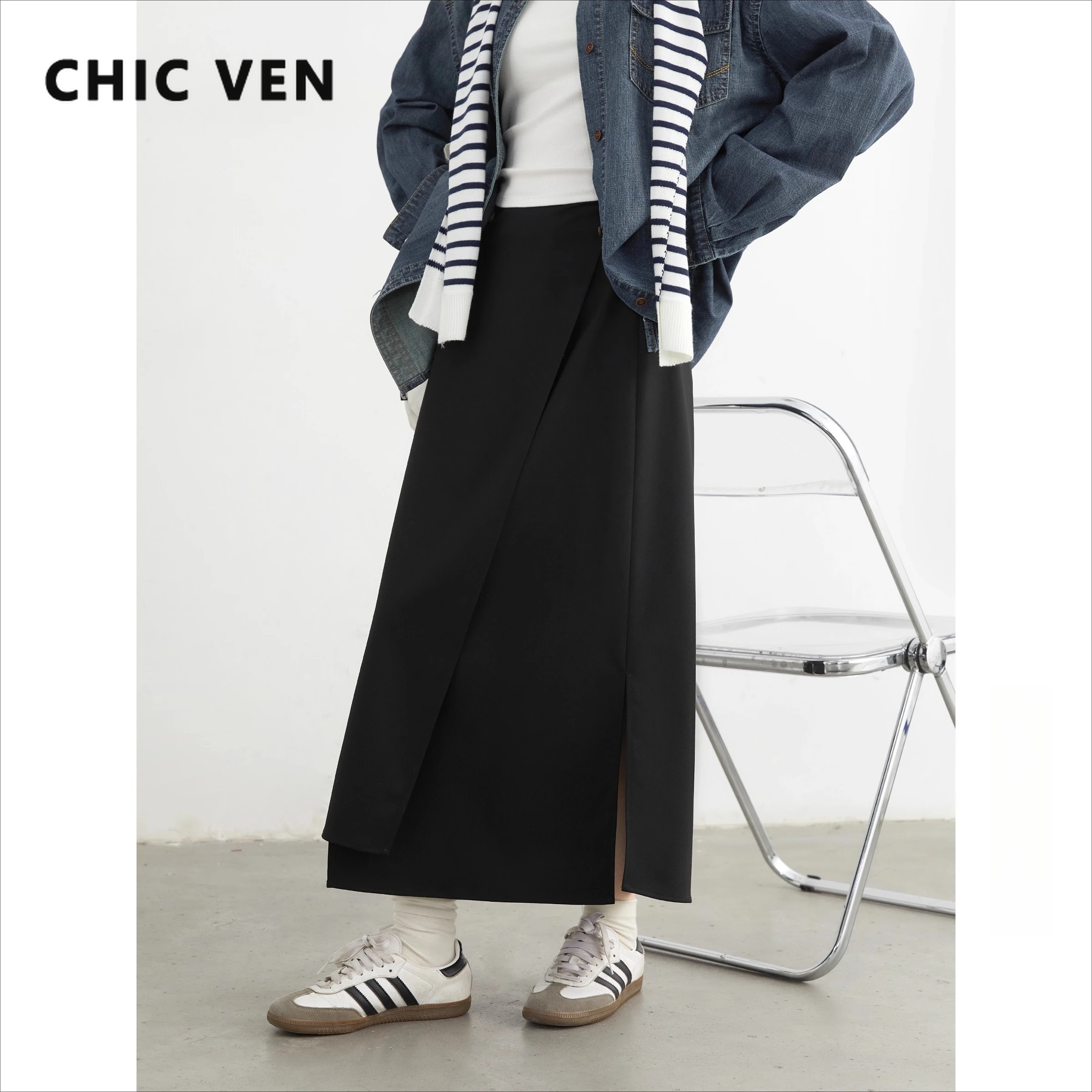 

CHIC VEN Women Skirts Korean Casual Loose Straight Tube Design Irregular Slit Skirt Solid Ladies Clothes Spring Autumn New 2025