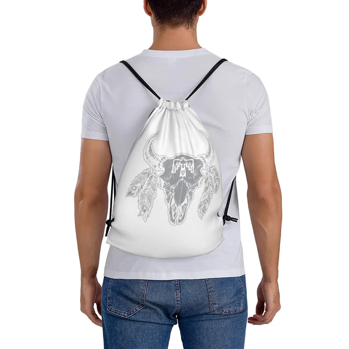 Thunderbird Steer Skull - Grey Backpacks Multi-function Drawstring Bags Shoes Bag Book Bags for Man Woman Students