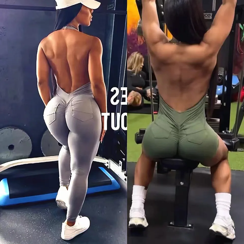 Pad Halter V Scrunch Romper Vrouwen Een Stuk Jumpsuit Workout Yoga Set Open Rug Gymkleding Scrunch Proof Butt Gym Actief Pak