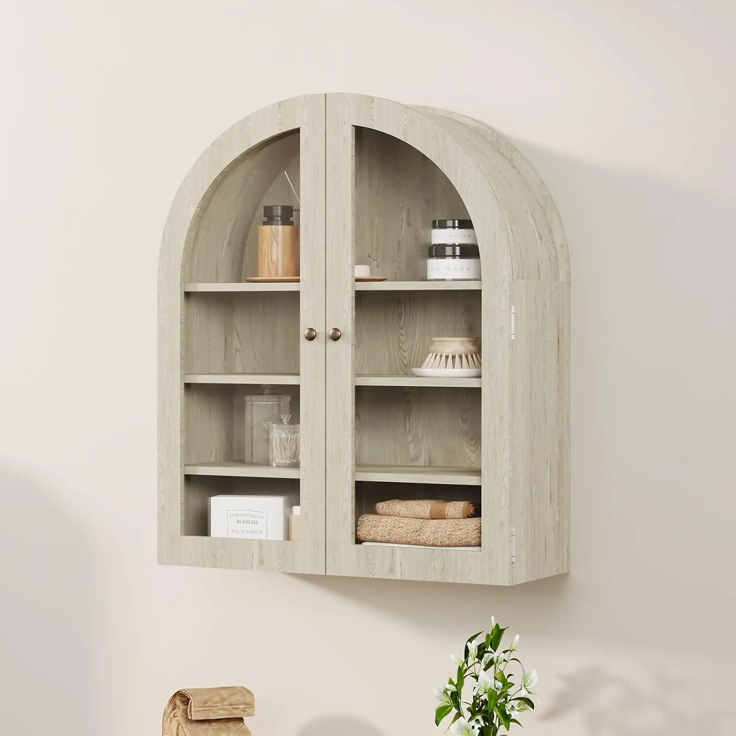 

Small Wall-Mounted Cabinet, Arched Bathroom Medicine Cabinet with Glass Doors & Adjustable Shelves, Wood Kitchen Organizer