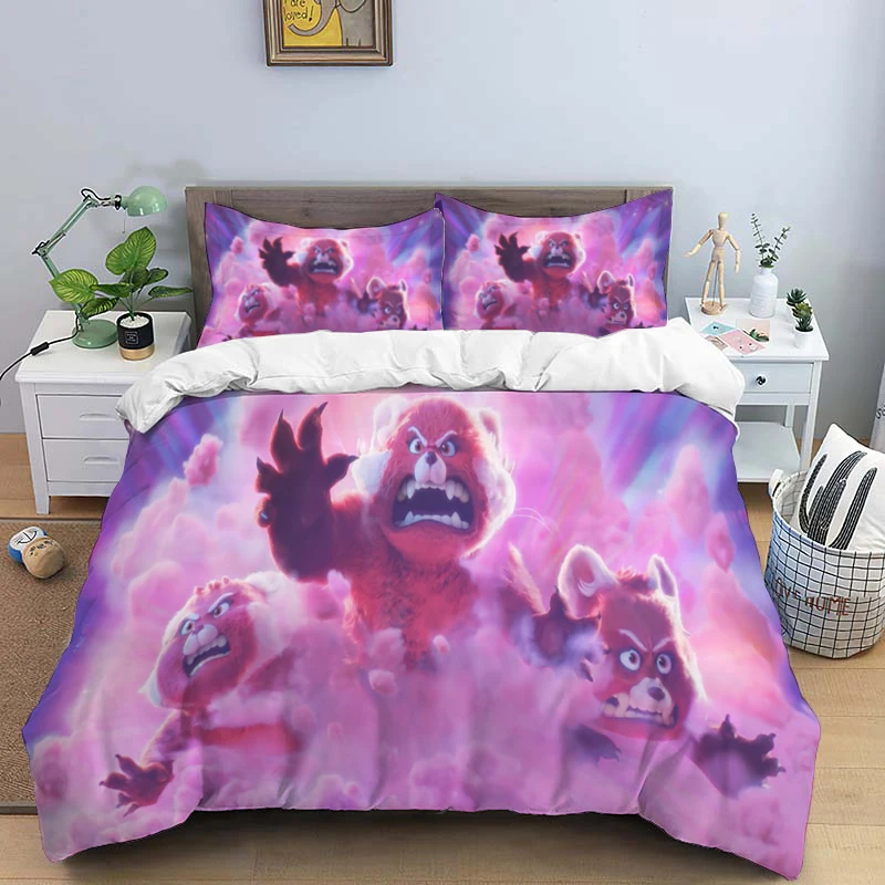 Disney Cartoon Turning Red Print Three Piece Bedding Set Cover Set With Pillowcase Children or Adults King Queen Full Twin Size