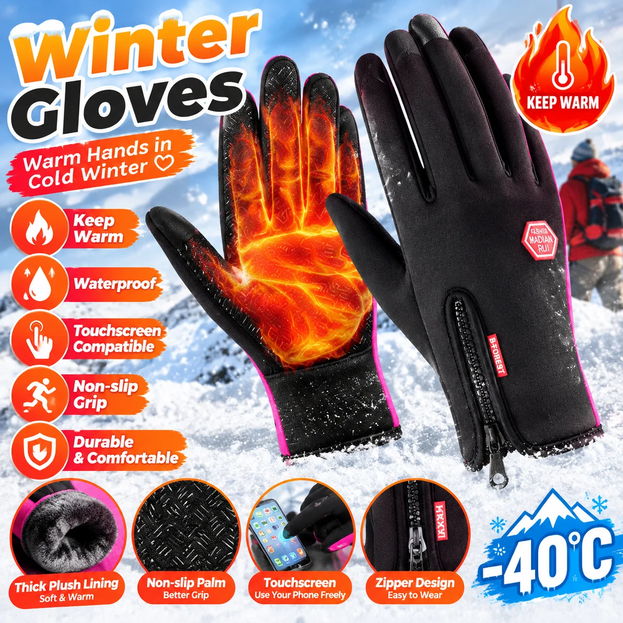 Winter Gloves for Men Women Warm Tactical Gloves Touchscreen Waterproof Hiking Skiing Fishing Cycling Snowboard Non-slip Gloves