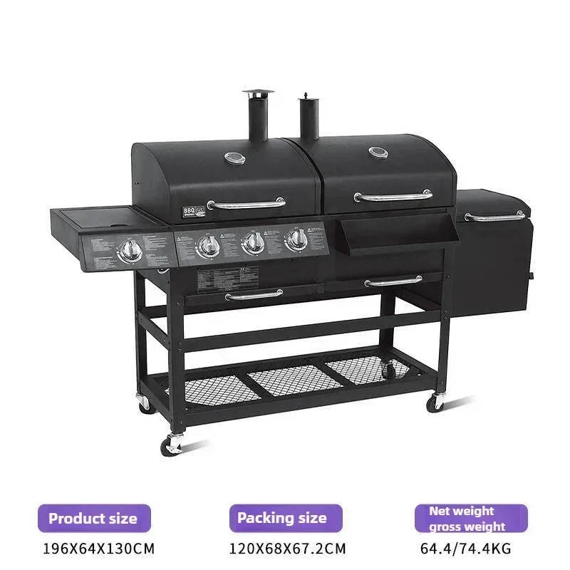 For Patio Charcoal Gas Dual-purpose Grill, Villa Smoker Grill, 4 Burners, Cast Iron Grill Grid, Easy To Assemble and Clean