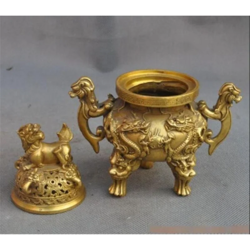 Old Bronze Dragon Lion Beast Statue Tripod Censor Incense Burner