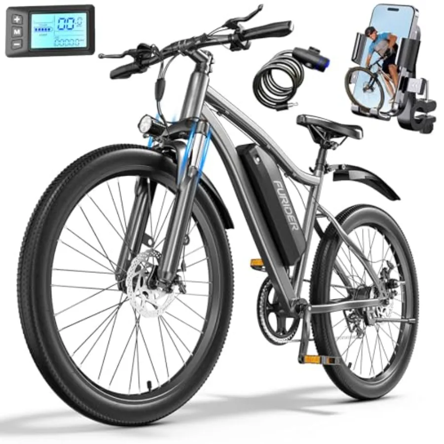 

Commuter electric bike for adults: aluminum frame black 5-level pedal assist 7-speed gears 25MPH 720W motor 375Wh battery 50-mi