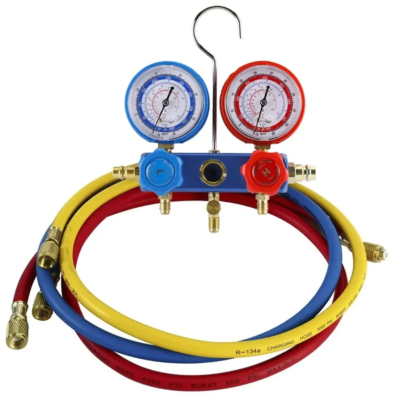 4CFM 1/3HP مرحلة واحدة الروتاري ريشة الهواء مضخة تفريغ HVAC طقم التبريد التيار المتناوب مقياس مشعب مجموعة مع كاشف التسرب حمل