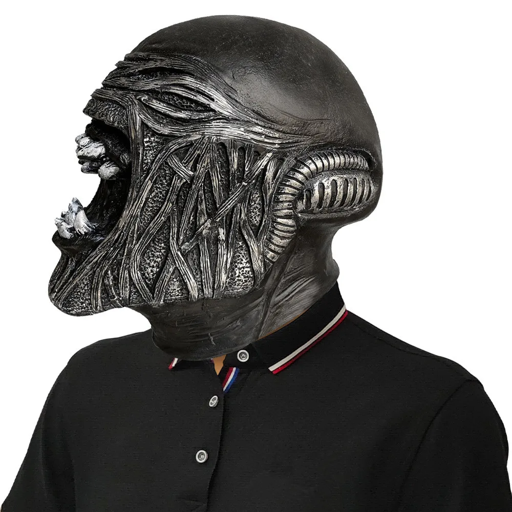 Alien Gruselmasken Latex-Kopfbedeckung Cosplay-Kostüm-Requisiten Schwarzer Helm Realistische Masken – Detail 3