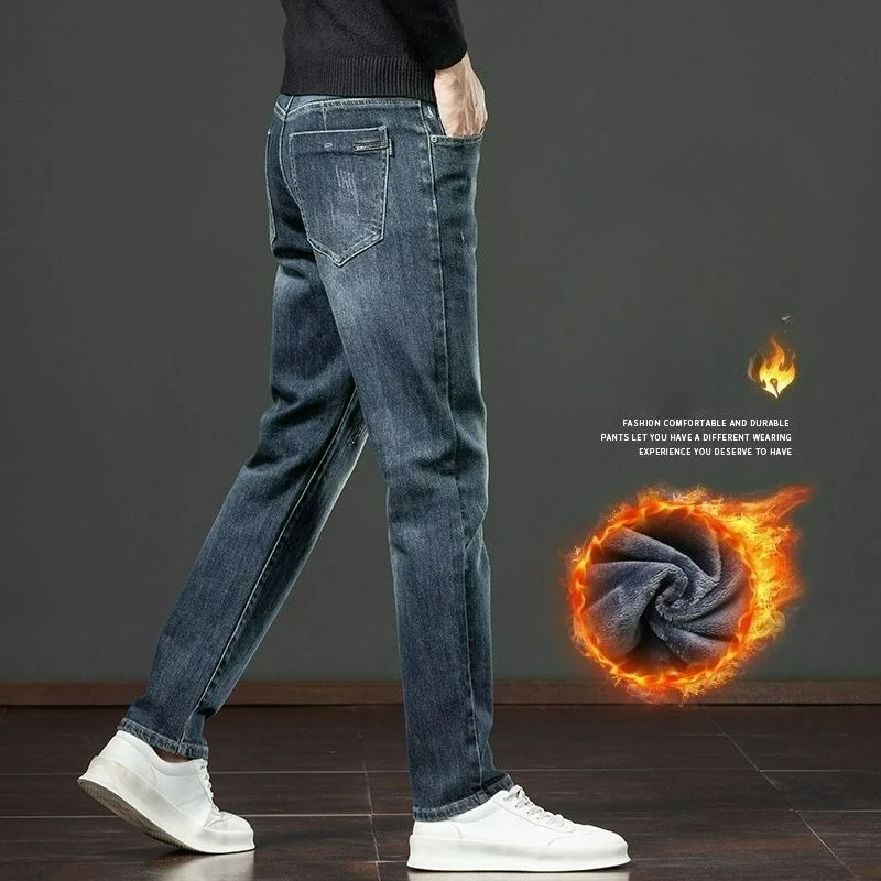 الرجال مستقيم فضفاض صالح جينز سترتش 2025 الخريف الشتاء النمط الكلاسيكي الأعمال عادية الشباب سميكة الدينيم الجينز تنوعا
